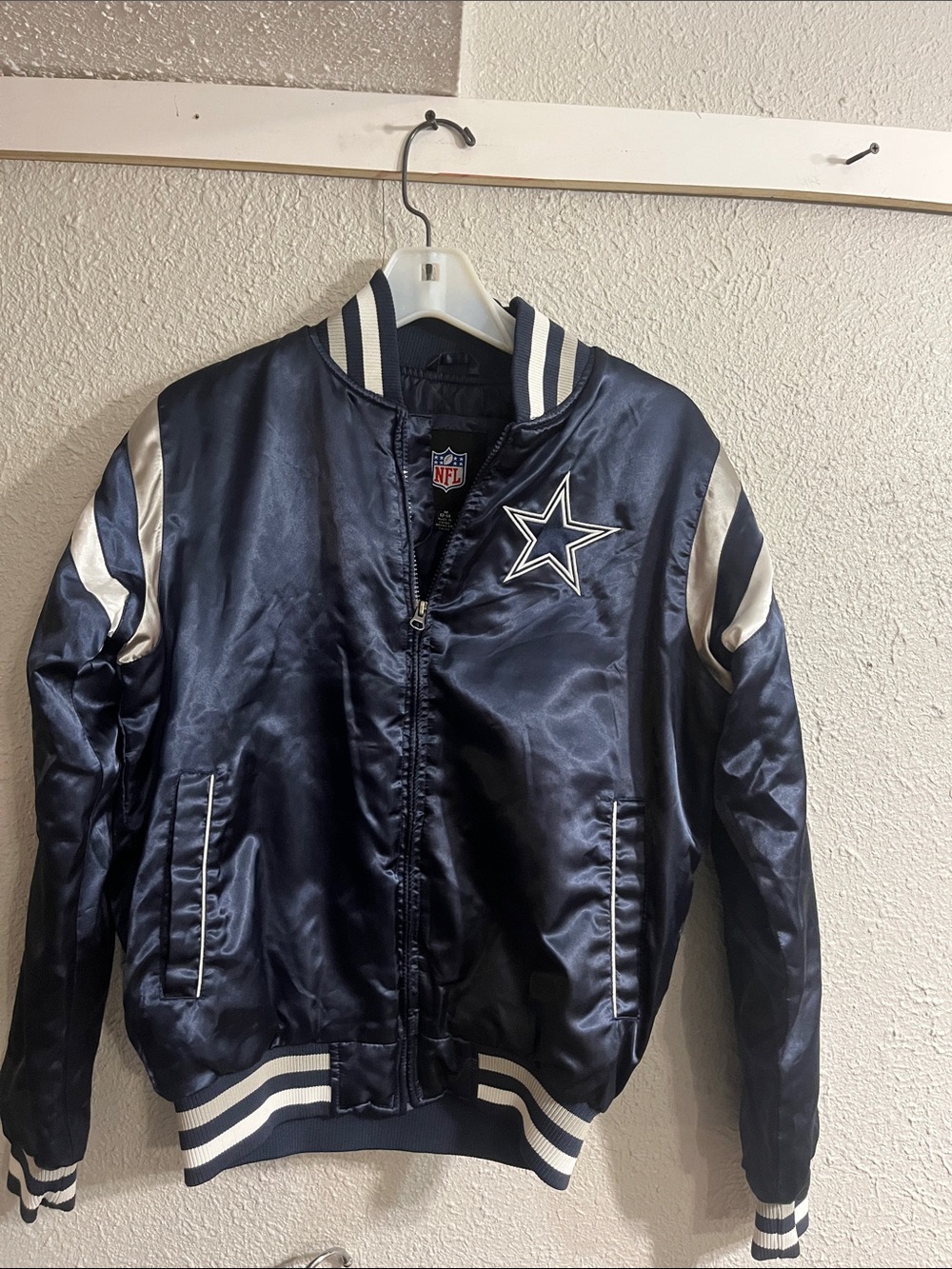 NFL Dallas Cowboys Navy and White Satin Bomber Jacket